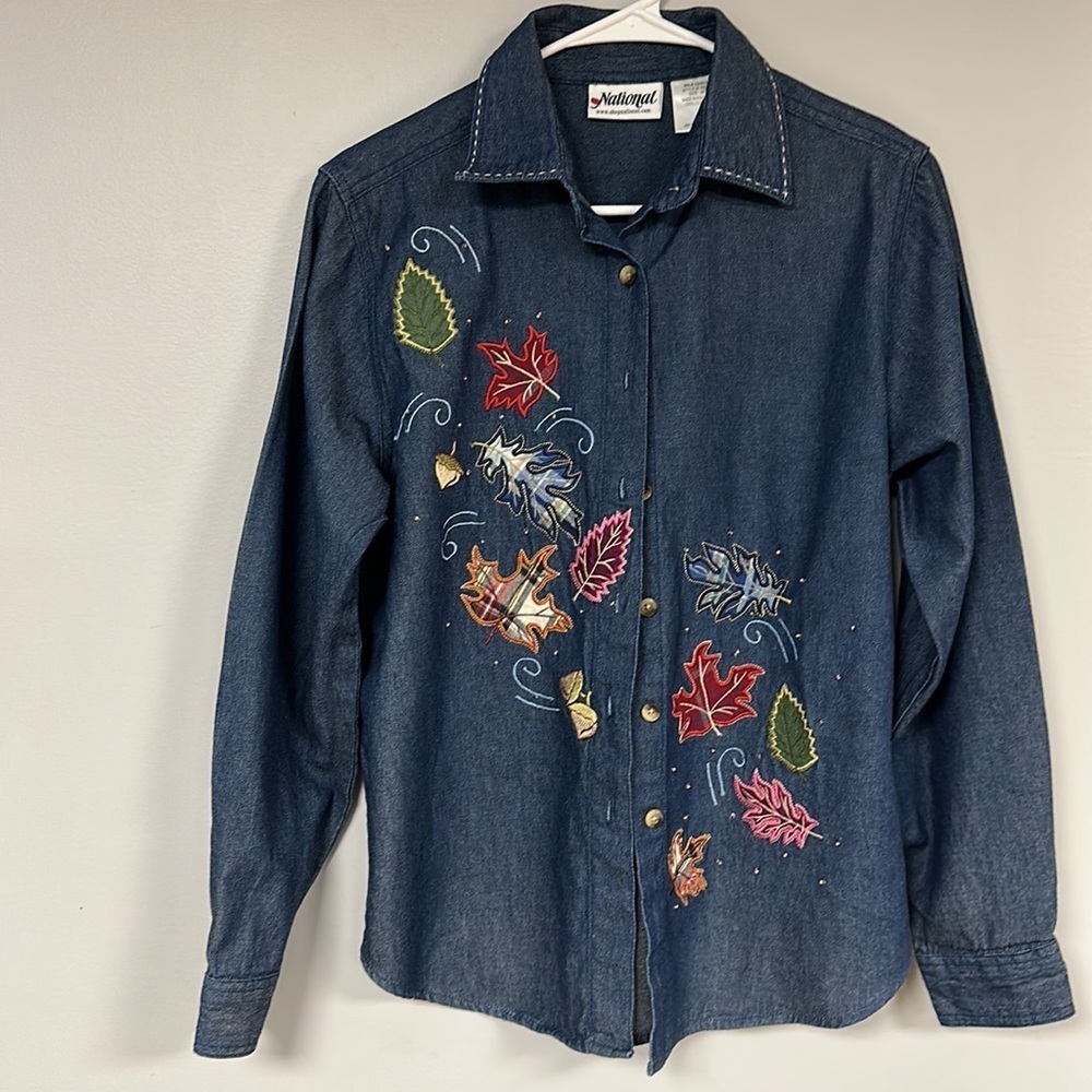 National Embroidered Denim Shirt, Size M, Fall Leaves pattern, 100% cotton